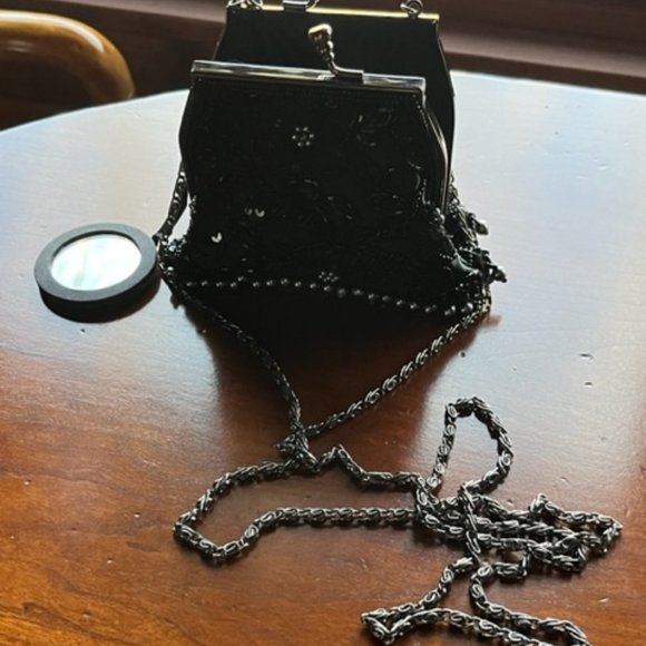 Mini-Purse: Black and Silver Beads, Black Sequins, & Gunmetal Gray Chain Strap - Picture 6 of 15